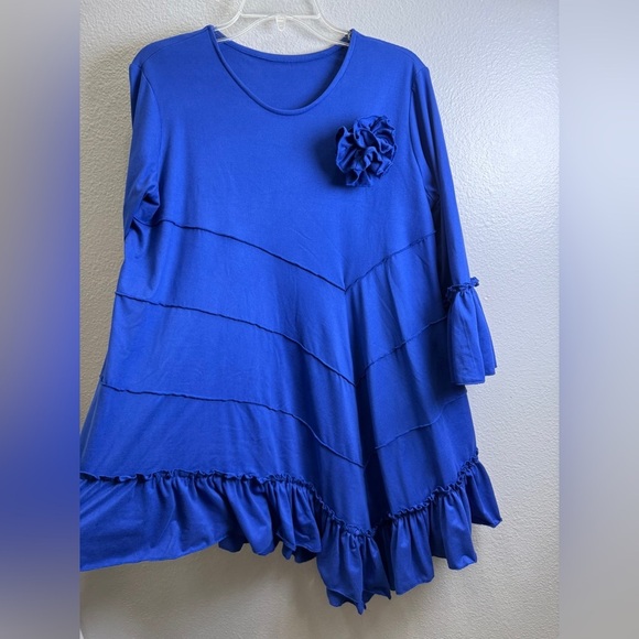 Womens Ruffle Shirt Size XL Blue Ruffled Tunic Top Flower Asymmetrical Blouse - Picture 3 of 4